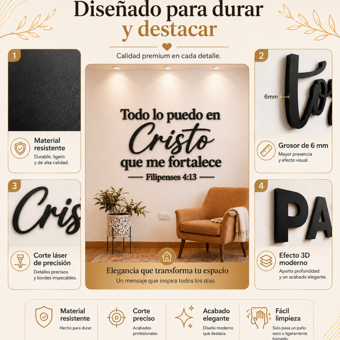 Placa decorativa Filipenses 4:13 colgada en una pared del hogar