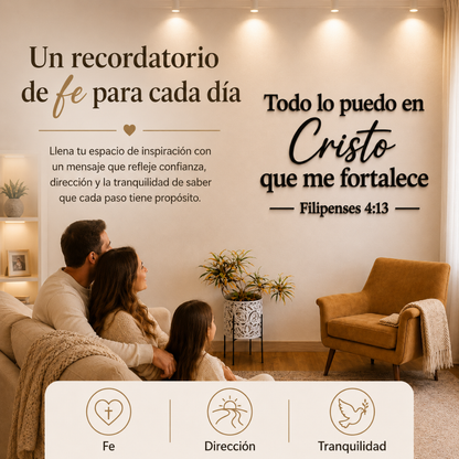 Espacio del hogar decorado con la placa Filipenses 4:13
