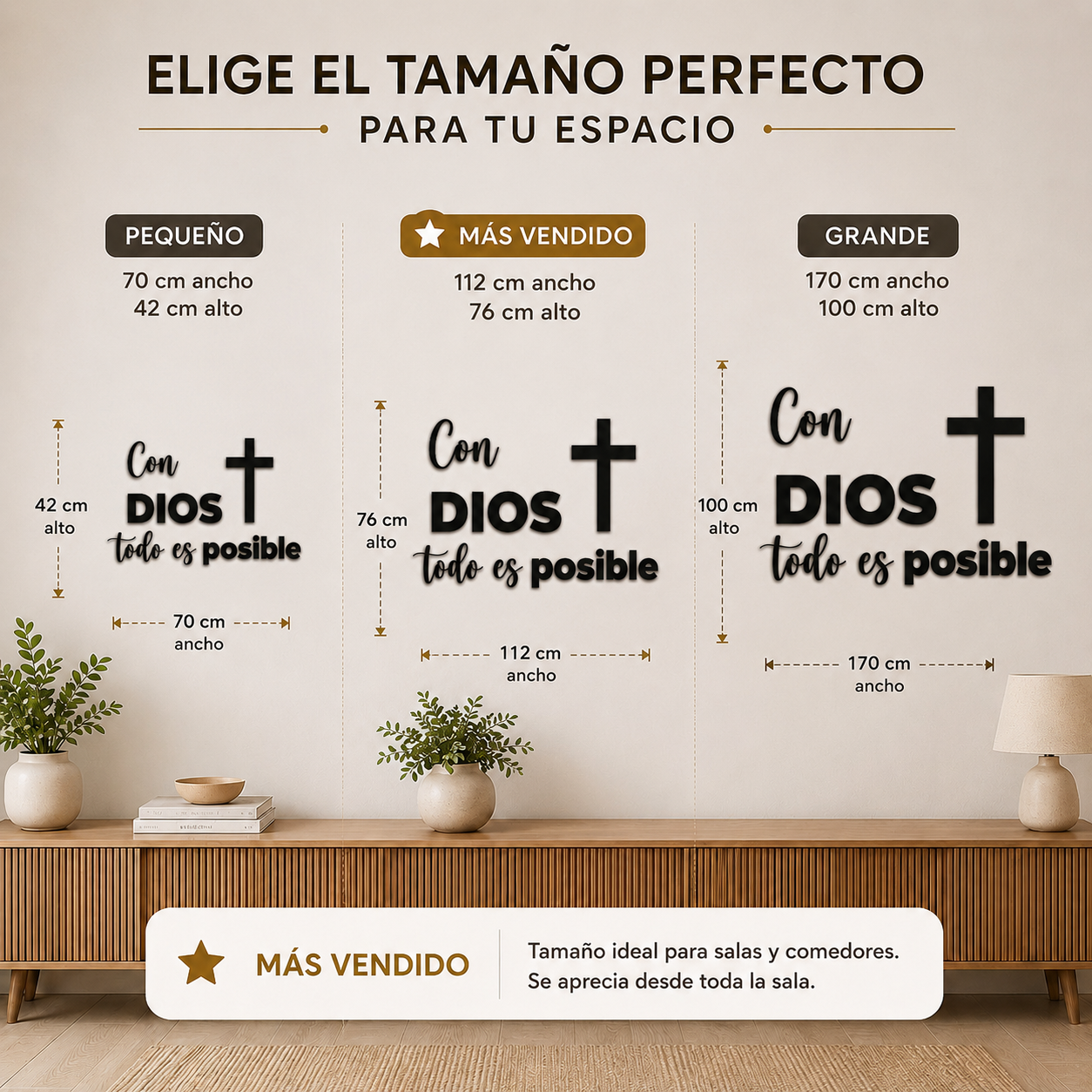 Tabla comparativa de tamaños disponibles para la placa Con Dios Todo Es Posible