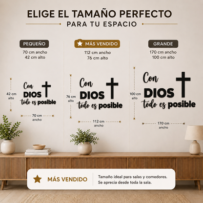 Tabla comparativa de tamaños disponibles para la placa Con Dios Todo Es Posible