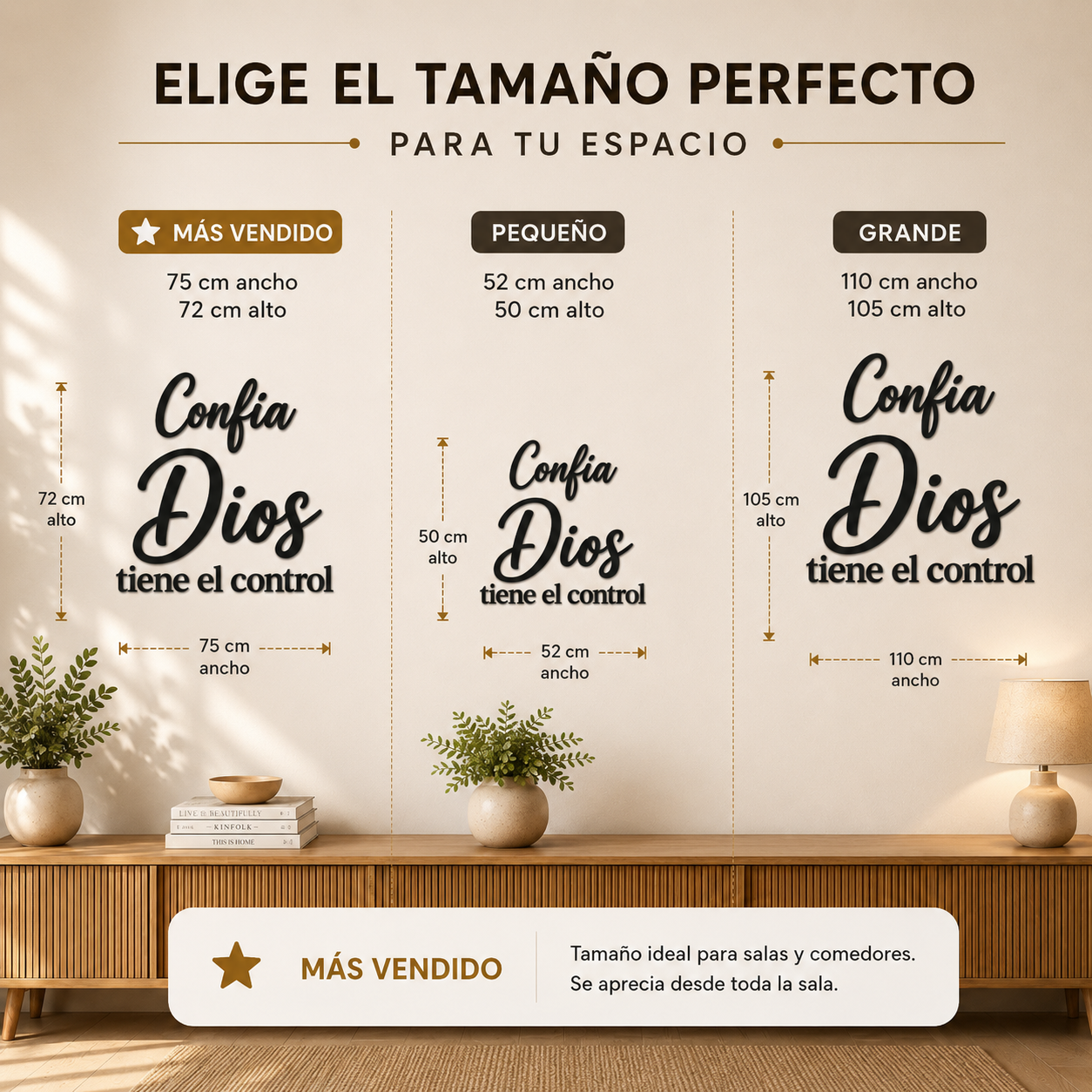 Tabla de tamaños disponibles para la placa Confía Dios Tiene El Control