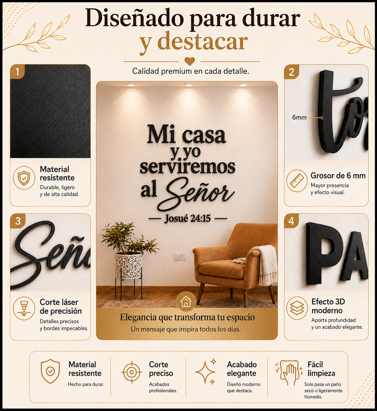 Placa decorativa Josué 24:15 colgada en la pared de una sala familiar