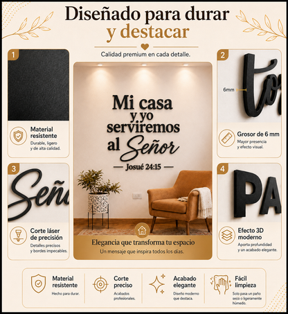 Placa decorativa Josué 24:15 colgada en la pared de una sala familiar
